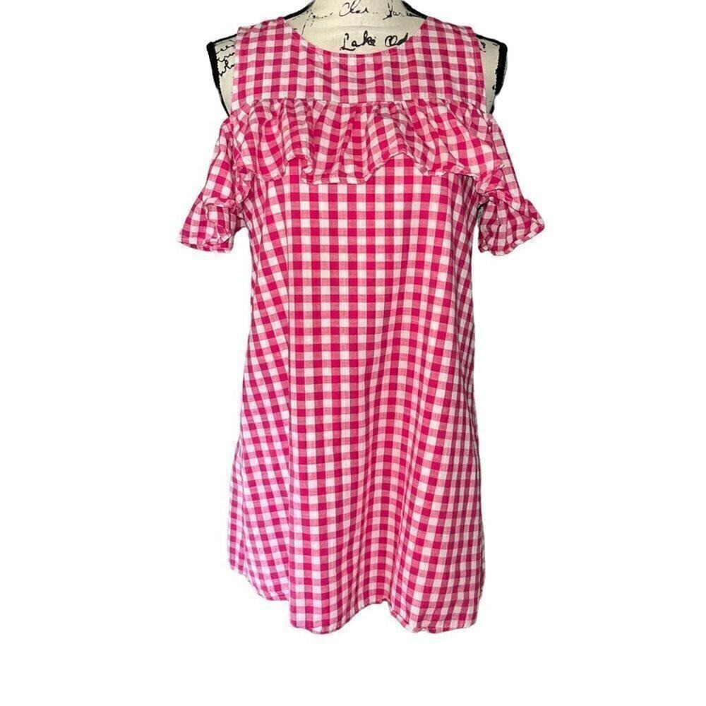 Peach Love California Pink Gingham Ruffle Cold Shoulder Mini Dress‎ Small